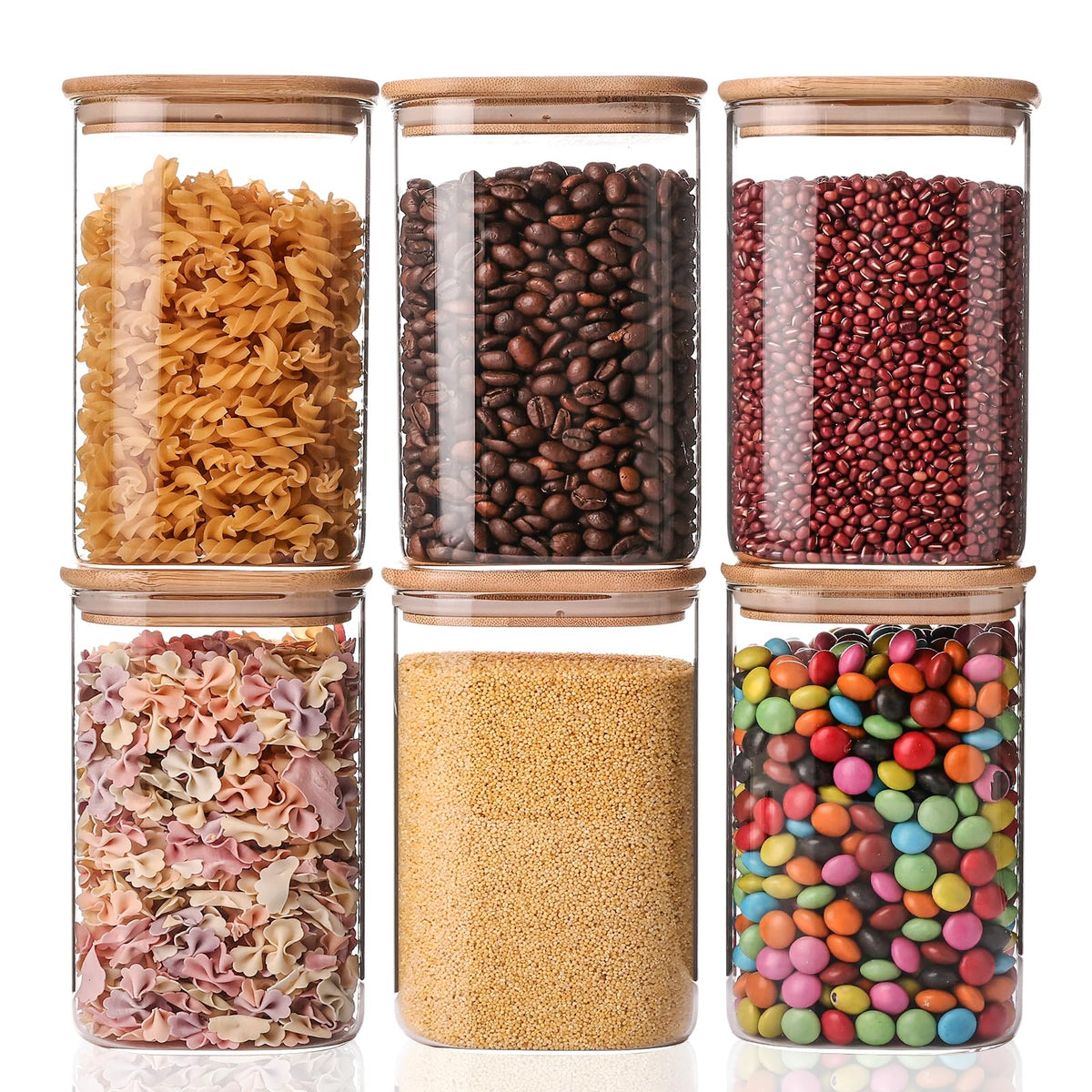 YUNCANG Glass Food Storage Jars 50oz [Set of 6],Clear Glass Food Storage Containers with Airtight Bamboo Lid Stackable Kitchen Canisters for Candy,Cookie,Rice,Sugar,Flour,Pasta