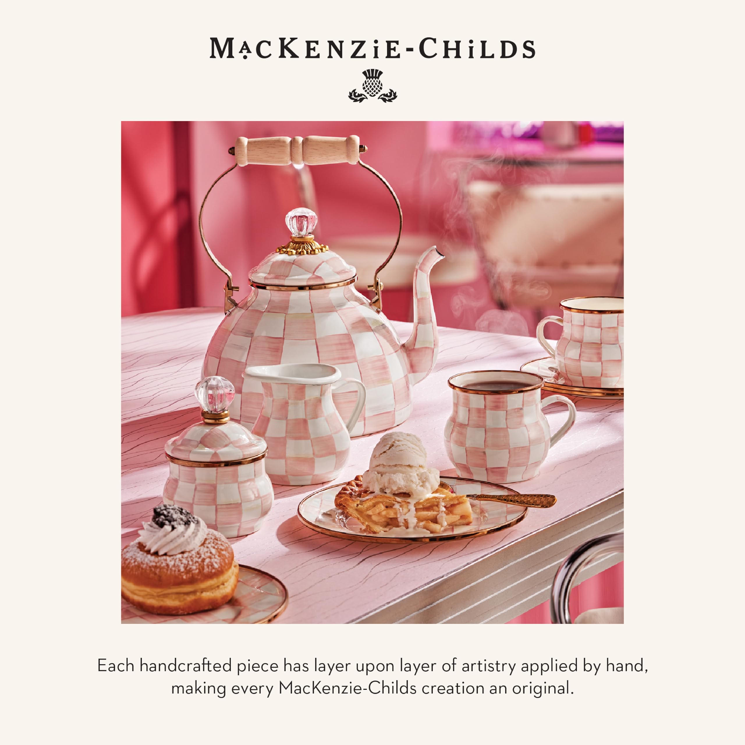 MACKENZIE-CHILDS Enamel Squashed Pot, Pink-and-White Rosy Check