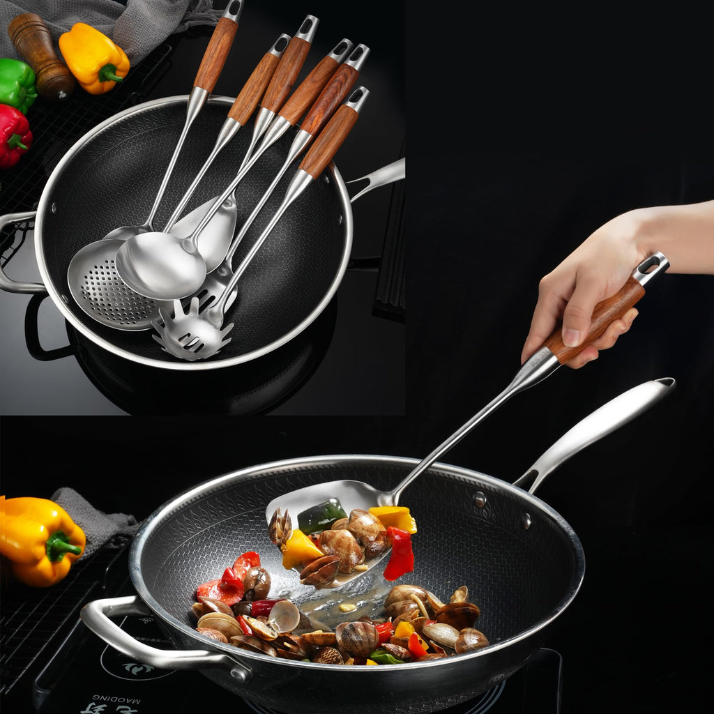 NIITAWH Stainless Steel Kitchen Utensils Set for Cooking Wooden Handle