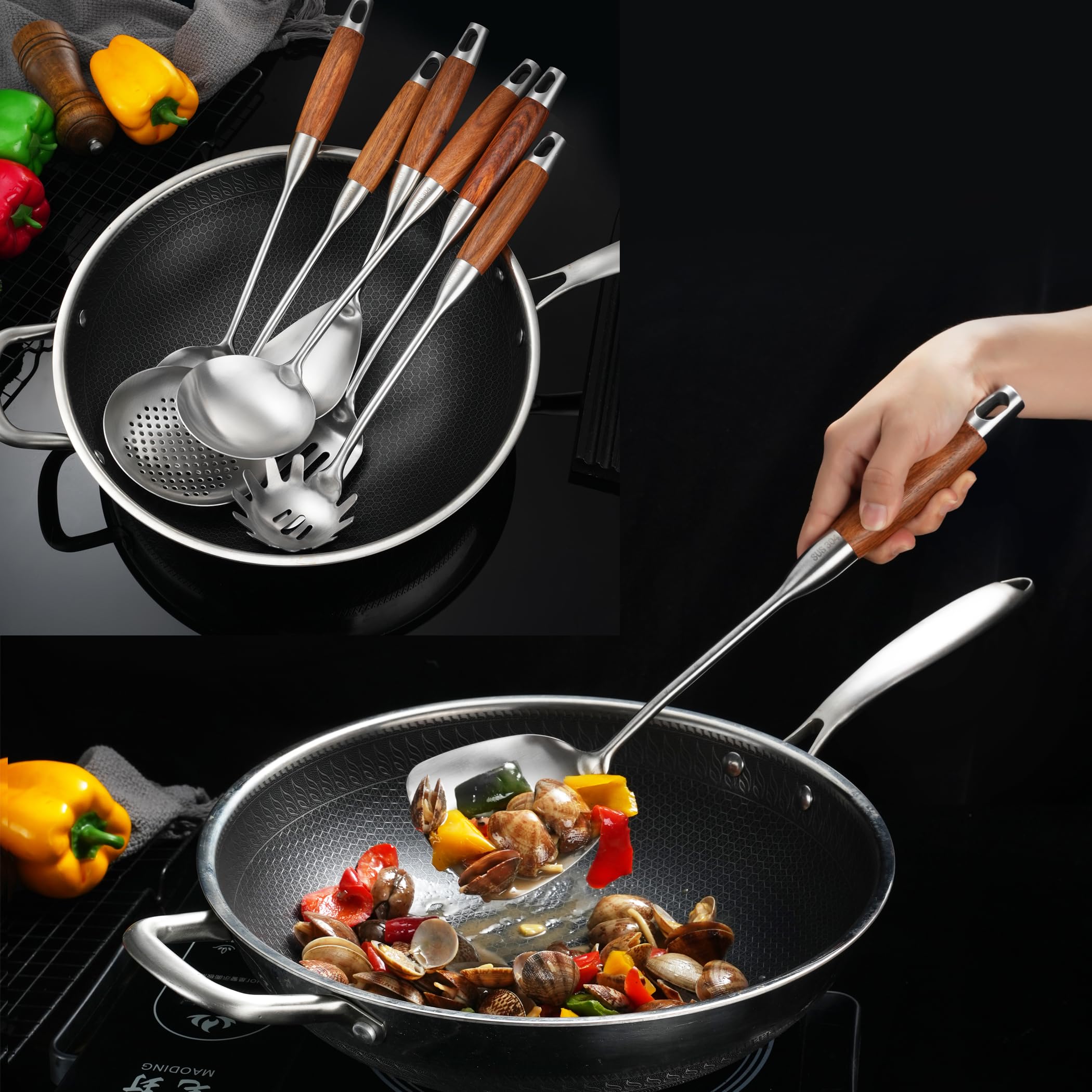 NIITAWH Stainless Steel Kitchen Utensils Set for Cooking Wooden Handle