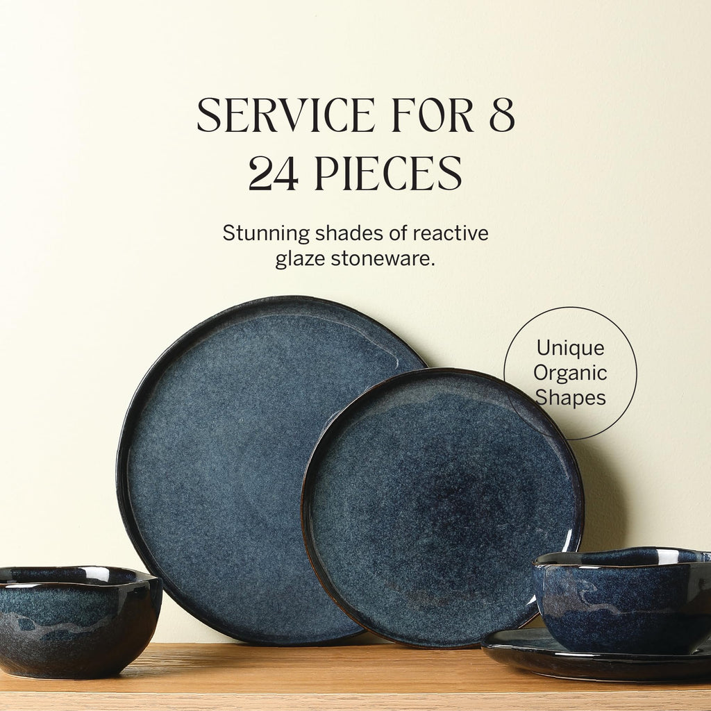 Stone Lain Mirella 24-Piece Stoneware Dinnerware Set, Service for 8 – Reactive Glaze, Deep Blue – Includes Dinner Plates, Salad Plates, and Bowls – Modern Organic Design