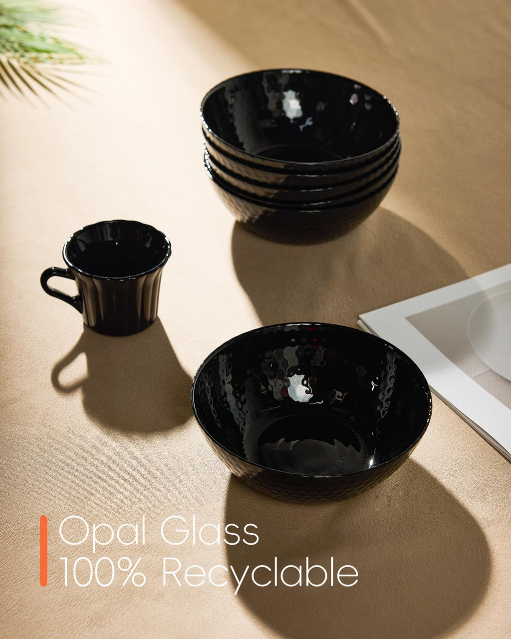 LaGlint 27 OZ Max Black Opal Glass Soup Cereal Bowl Set of 6, 7.2 Inch