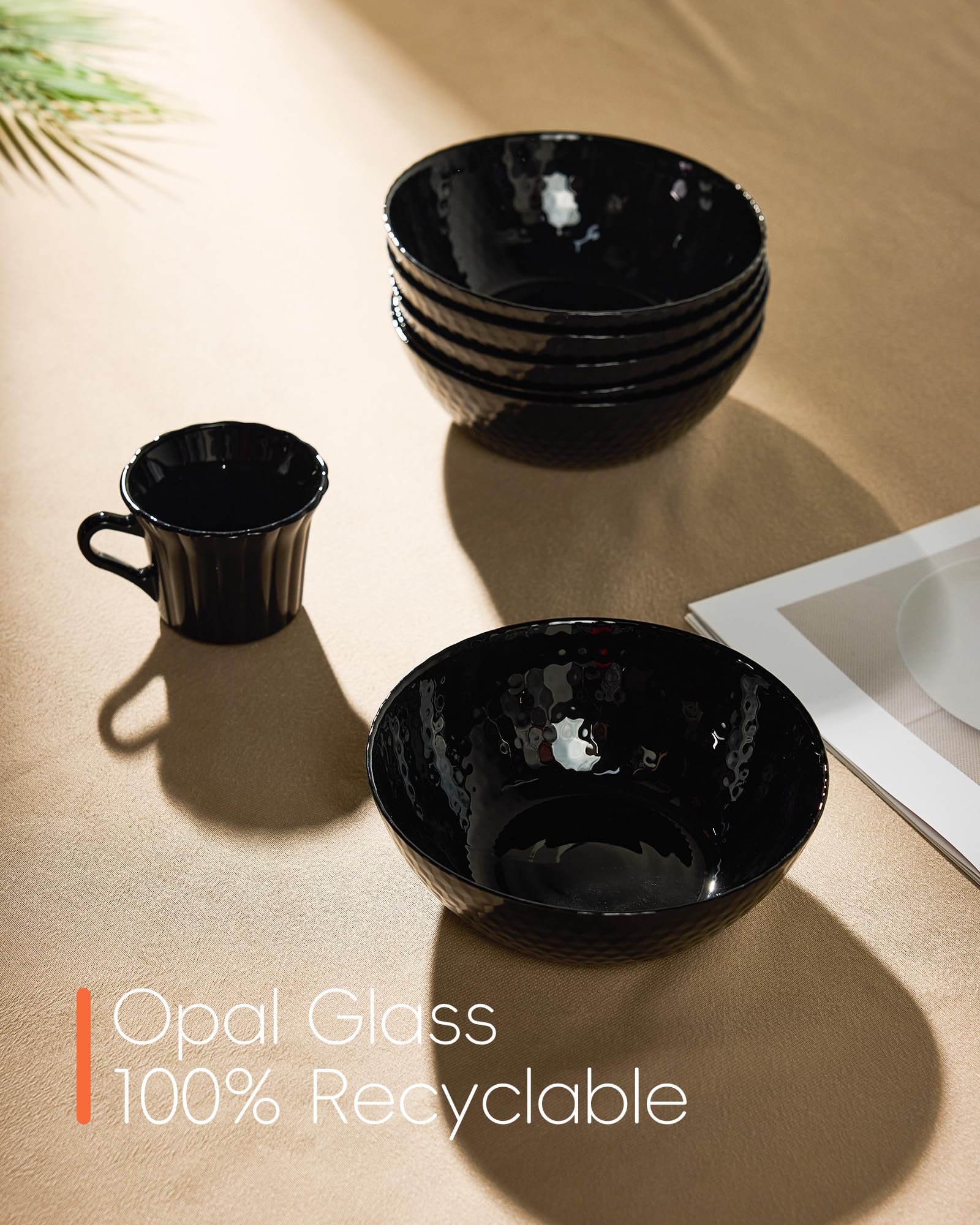 LaGlint 27 OZ Max Black Opal Glass Soup Cereal Bowl Set of 6, 7.2 Inch