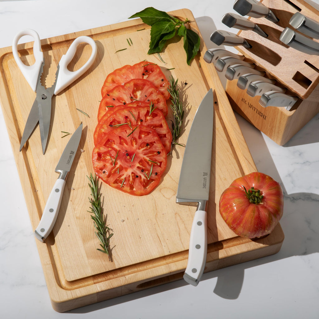 Yatoshi 15 Piece White Knife Block Set - Pro Kitchen Knife Set Ultra Sharp High Carbon Stainless Steel with Ergonomic Handle