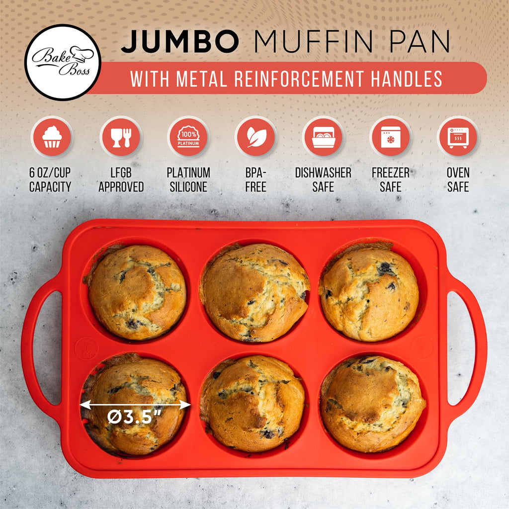 BAKE BOSS Silicone Jumbo Muffin Pan, 6 Cup Nonstick Cupcake Pan, BPA-Free