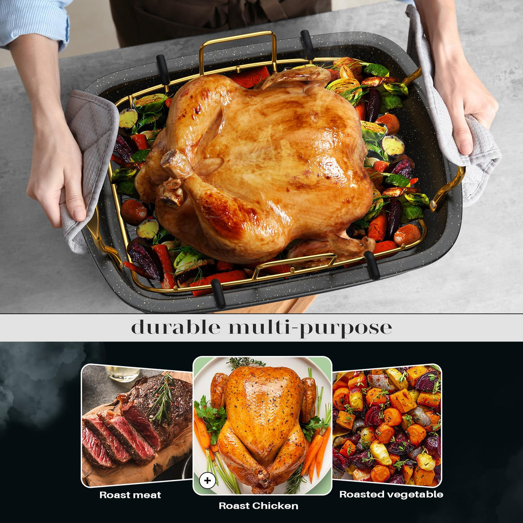 Nonstick Roasting Pan with Rack, 17" x 13" Large Turkey Roaster Pan