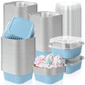 Aoriher 150 Pcs 10 oz Mini Cake Pans with Lids Aluminum Foil Baking Cup Disposable Square 4 x 4 Large Baking Tin, Muffin Pan Cheesecake Kitchen Brownie Pudding Desserts Holder(Sky Blue)