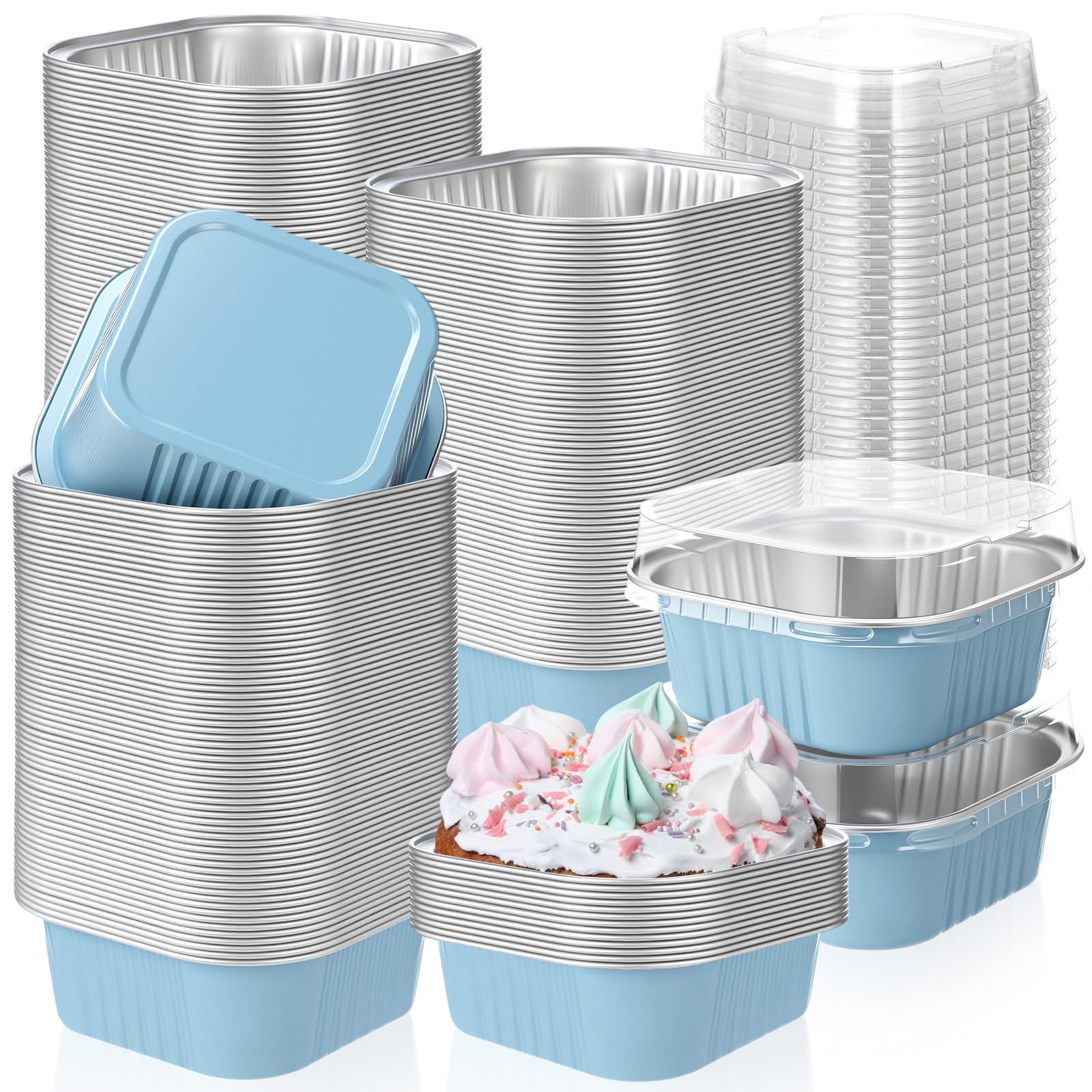 Aoriher 150 Pcs 10 oz Mini Cake Pans with Lids Aluminum Foil Baking Cup Disposable Square 4 x 4 Large Baking Tin, Muffin Pan Cheesecake Kitchen Brownie Pudding Desserts Holder(Sky Blue)