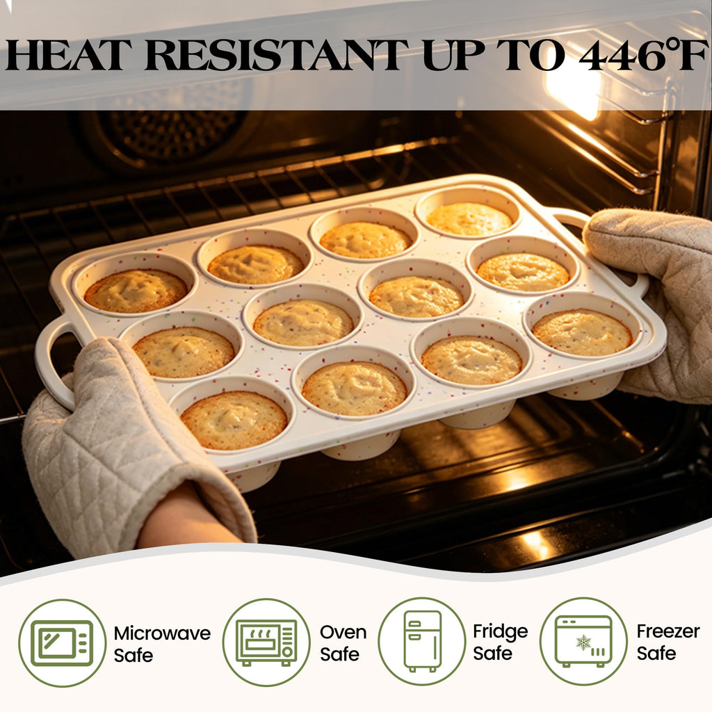 AOTASO Silicone Muffin Pan with Metal Frame, Nonstick 12 Cup Regular Size Cupcake Pan, Silicone Muffin Tray for Baking Egg Bites Muffins Cupcakes Gifts for Mom Home Baker Kitchen (1 Pc, Cream)