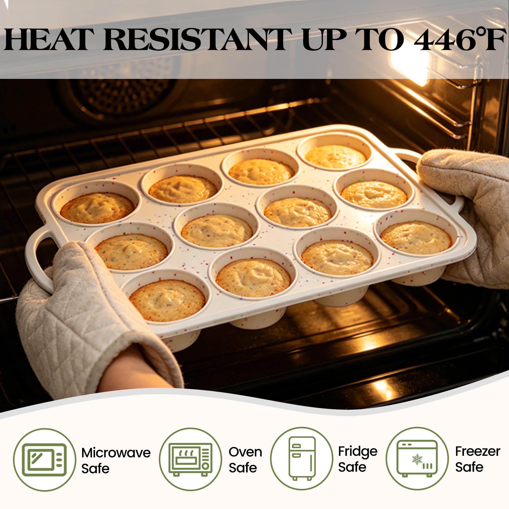 AOTASO Silicone Muffin Pan with Metal Frame, Nonstick 12 Cup Regular Size Cupcake Pan, Silicone Muffin Tray for Baking Egg Bites Muffins Cupcakes Gifts for Mom Home Baker Kitchen (1 Pc, Cream)