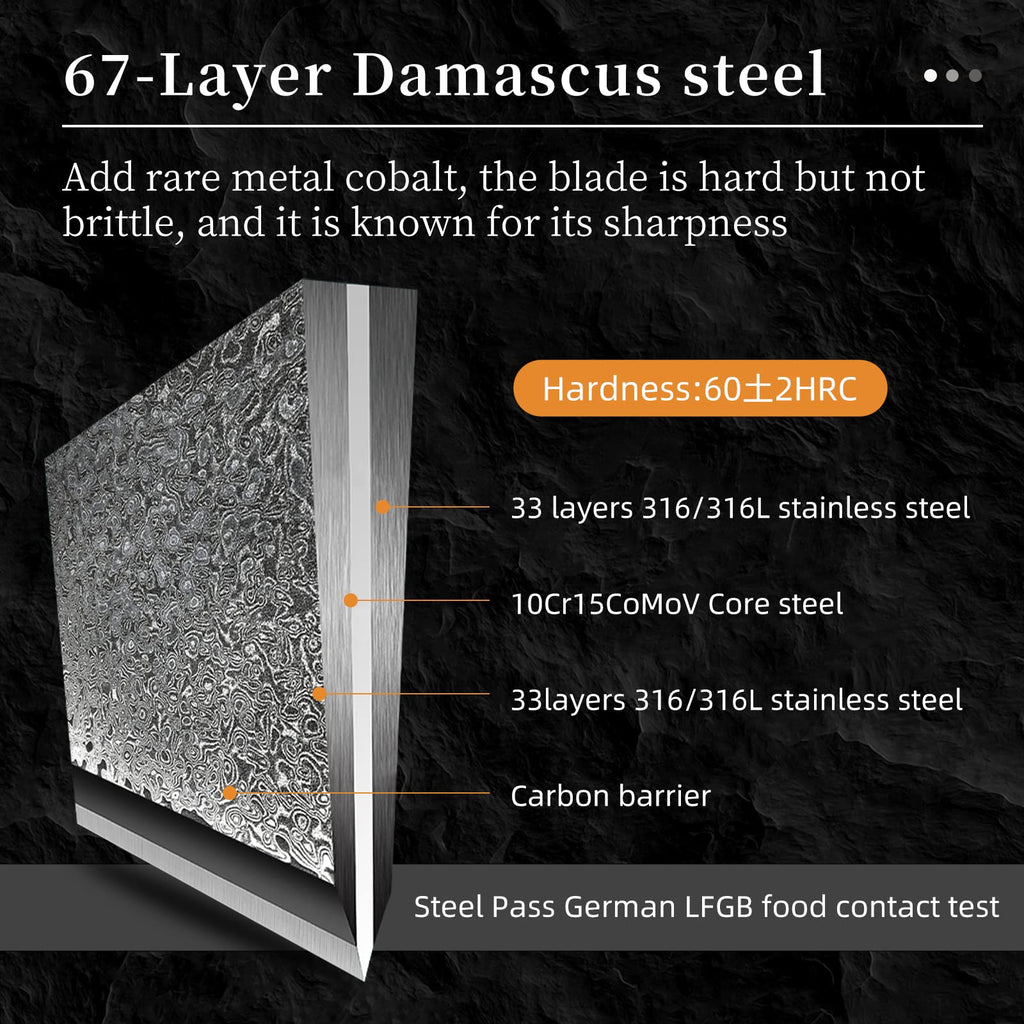 Damascus Knife Set with Block for Kitchen, VG10 Steel Chef Knife Set with Triple-Rivet Handles, Knife Sharpener, Natural Ash Wooden Knife Block, 10PCS