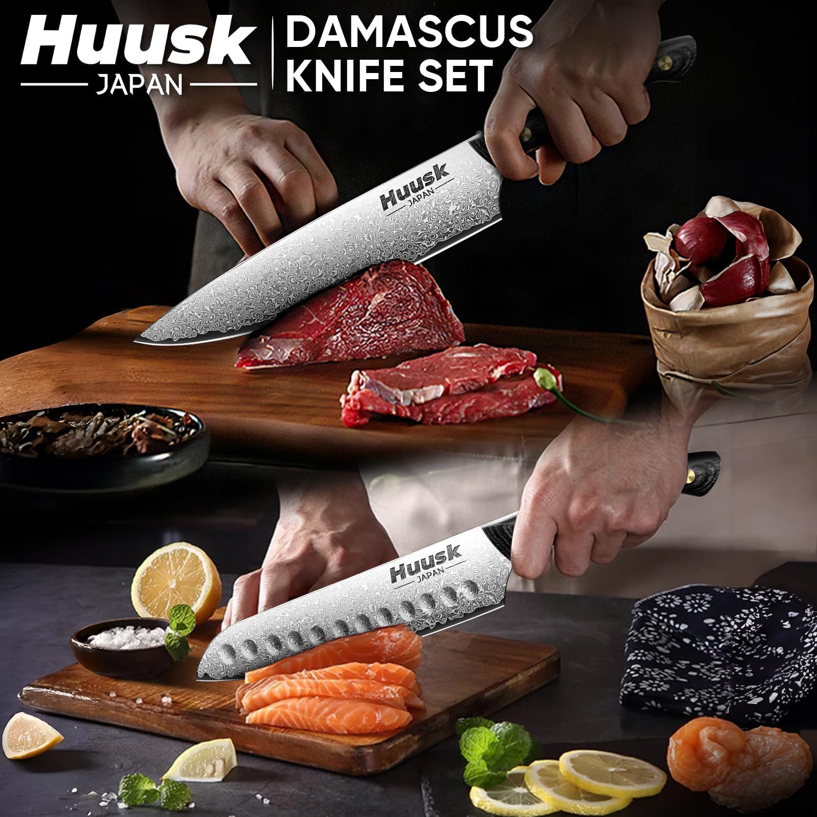 Huusk Damascus Chef Knife Set 3 PCS - Santoku Knives Set