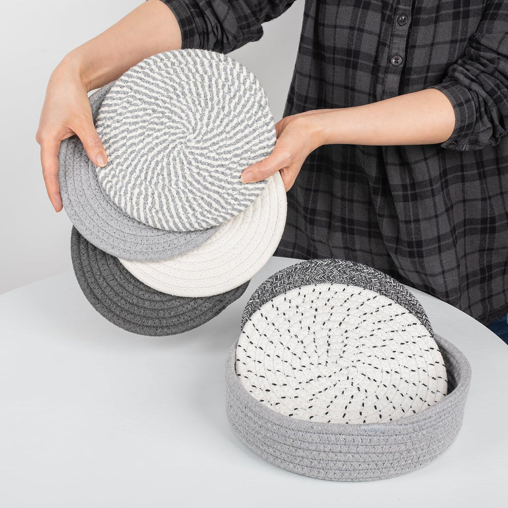 BUEDM 8 Inch Trivets for Hot Dishes, 6 Pcs Cotton Hot Pads with Basket