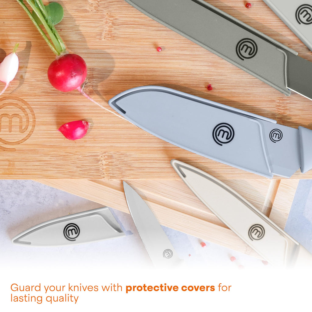 MasterChef Kitchen Knife Set with Covers, 6 Professional Chef Knives for Home Kitchens, Extra Sharp Cutting Stainless Steel Blades & Protective Sheaths, Soft-Touch Easy-Grip Handles, Earth Greys