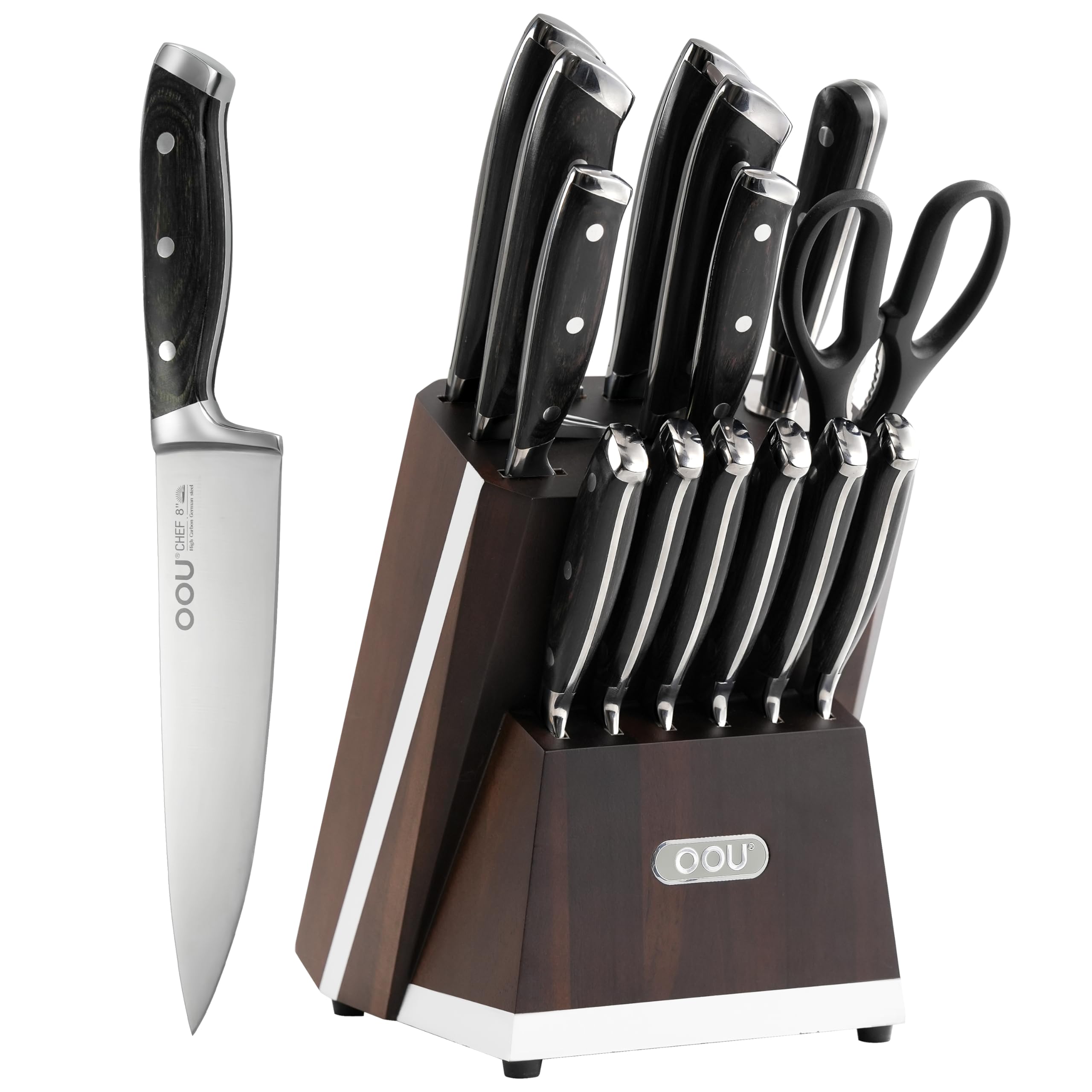 OOU 2025 Kitchen Knife Set with Block, 15-Piece German Stainless Steel Knife Blcok Set with Sharpening Rod, Ergonomic Wood Handle,Premium Razor-Sharp Knives Set for Kitchen