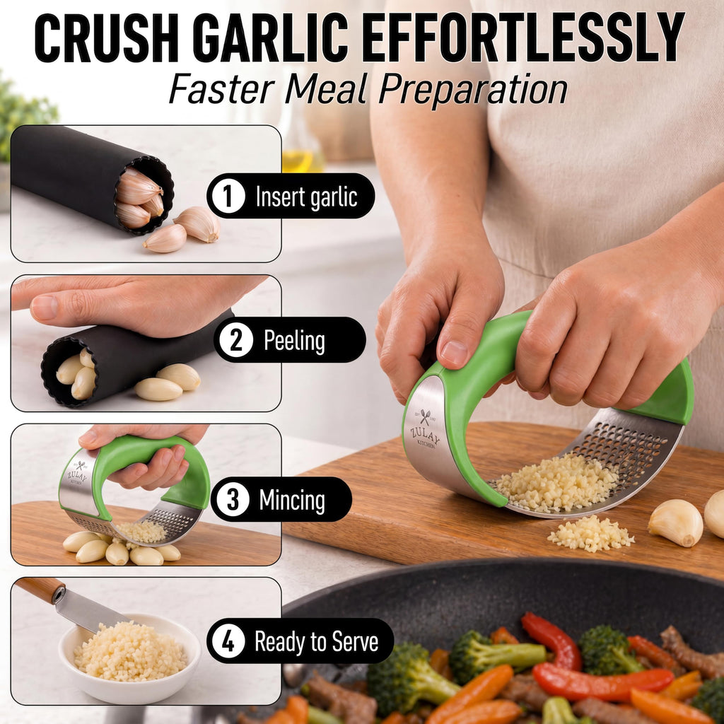 Zulay Kitchen Stainless Steel Garlic Press Rocker Set - Premium Garlic Mincer Garlic Crusher - New Innovative Garlic Crusher with Peeler and Scraper - Comfortable Grip (Green)