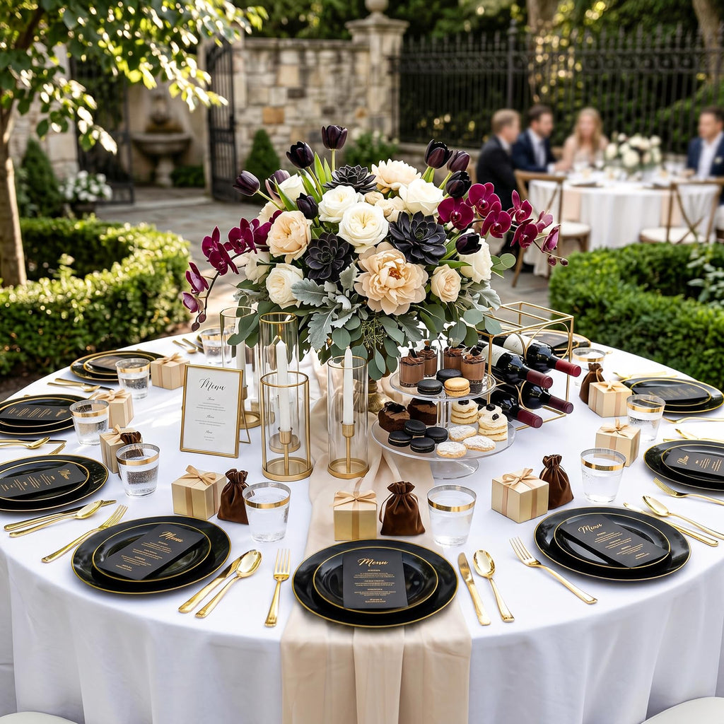 KIRE 200Pcs Black Plastic Plates - Black and Gold Plates Disposable for Party - Include 100 for Dinner and 100 for Dessert for Birthday/Wedding/Halloween