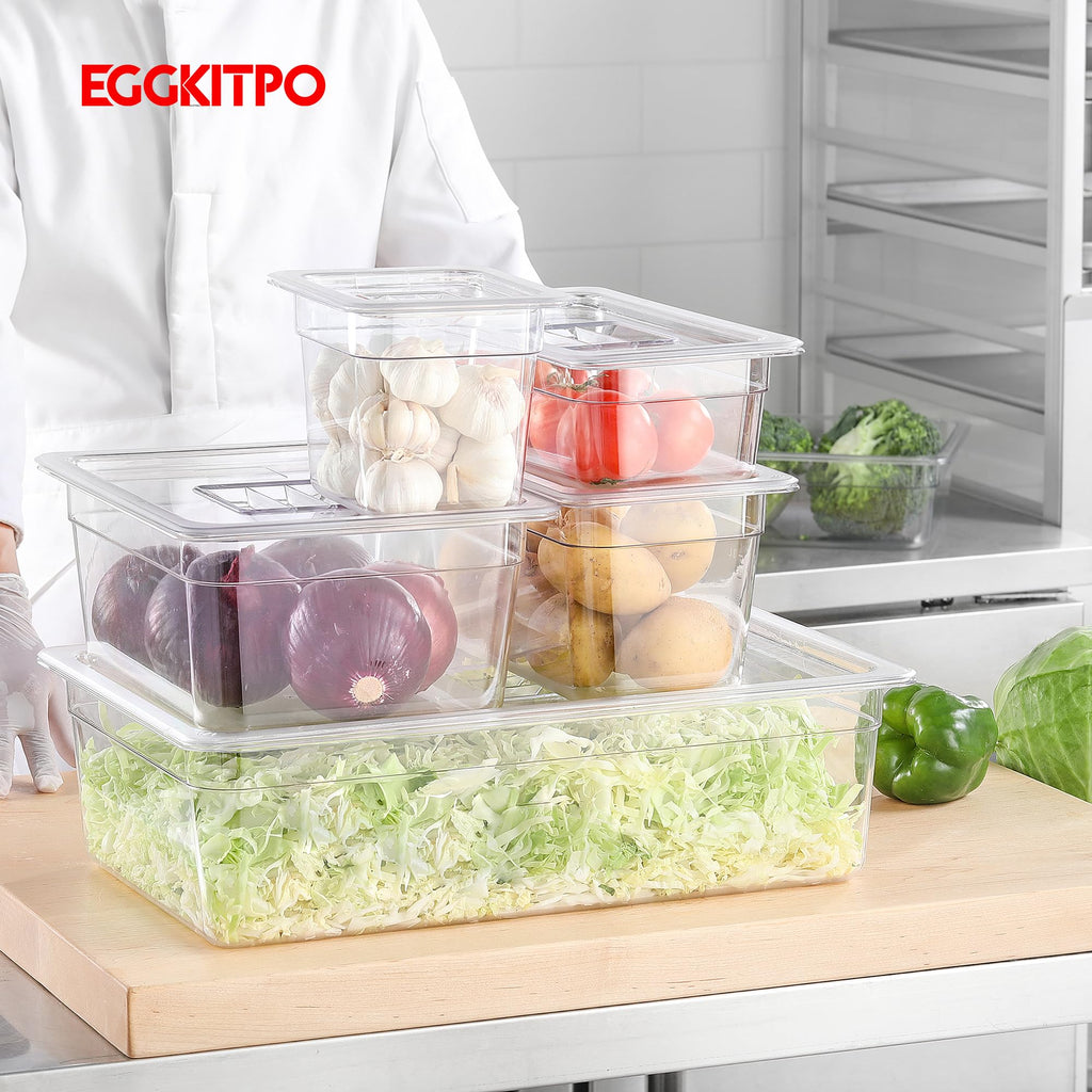 EGGKITPO 6-Pack 1/3 Size Food Pan 4 Inch Deep BPA Free Polycarbonate Food Storage Containers for Kitchen Stackable Clear Hotel Pan for Buffet Party Supplies Freezer Safe