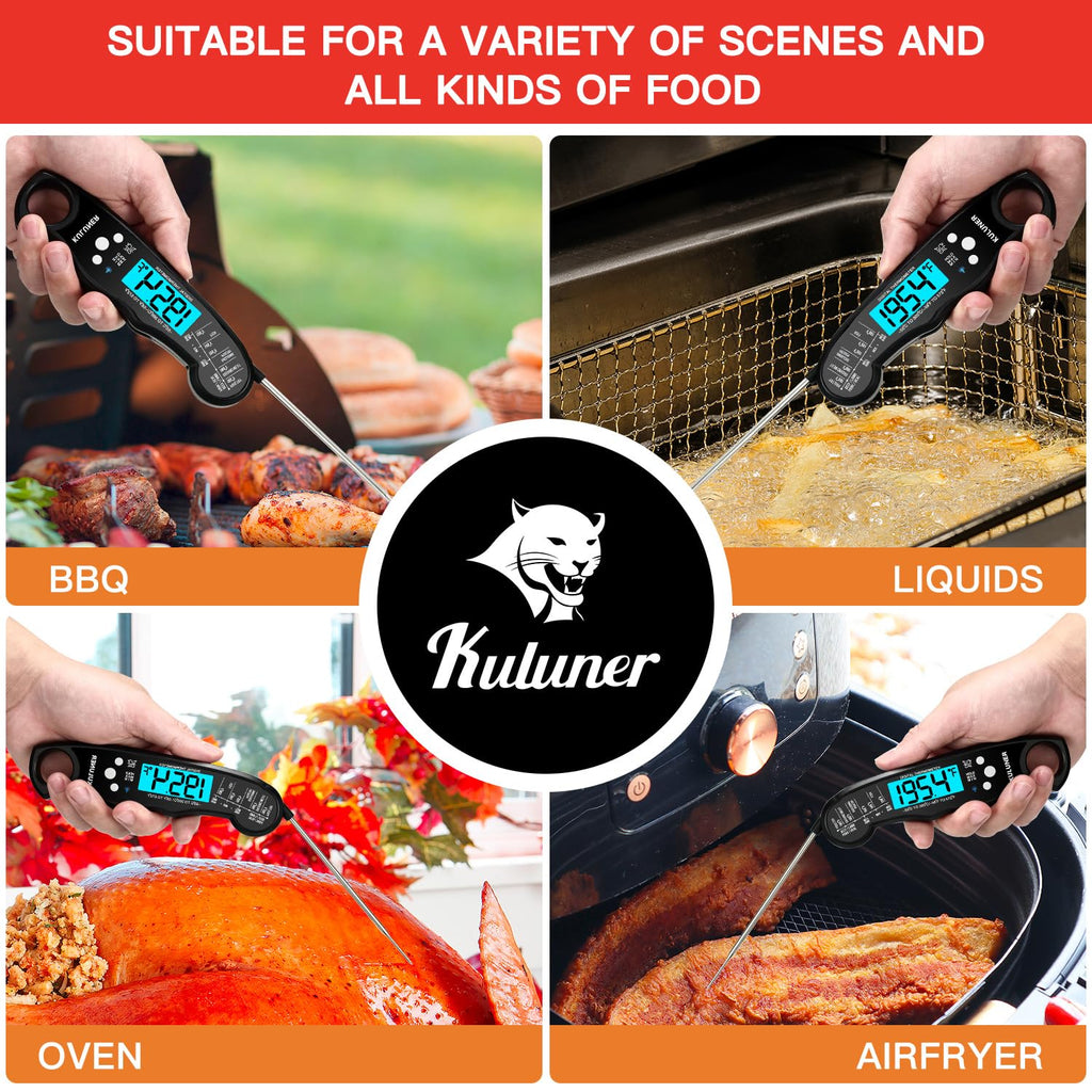 KULUNER Digital Meat Thermometer Instant Read, Waterproof Probe with Backlight & Calibration, Ultra Fast 2-3s Reading, Stainless Steel Kitchen Food Thermometer for Grilling BBQ Cooking Candy - Black