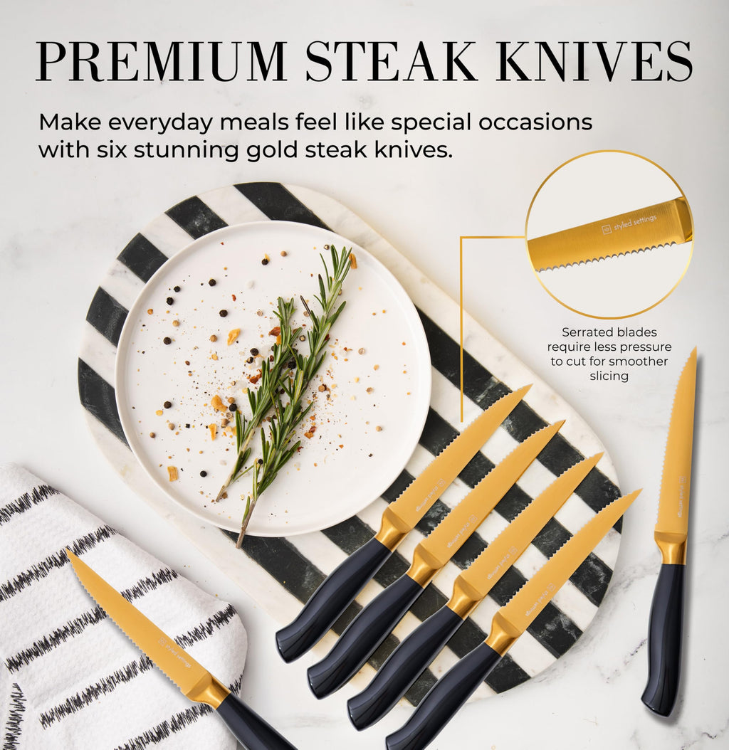 Styled Settings Black and Gold Knife Set with Block and Sharpener, 14-Piece