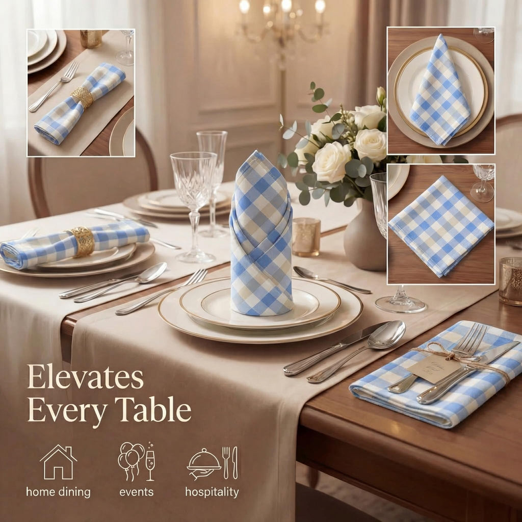 Urban Villa Cloth Napkins Cotton 20x20 (Set of 12) Blue Sand Checks