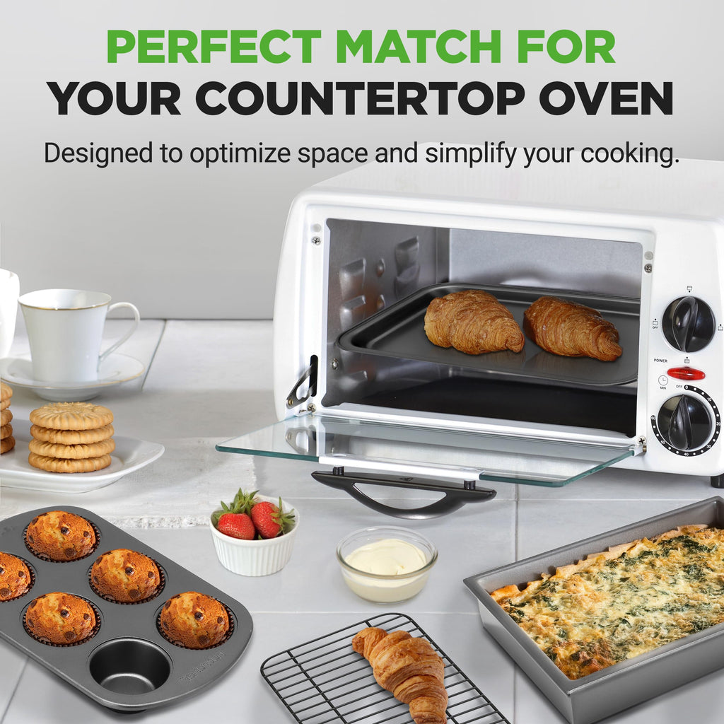 NutriChef 6-Piece Toaster Oven Bakeware Set, Compact Non-Stick Stackable Baking Pan Set with Muffin Pans, Roasting Tray & Baking Sheets, Durable Stain-Resistant Carbon Steel Design for Toaster Ovens
