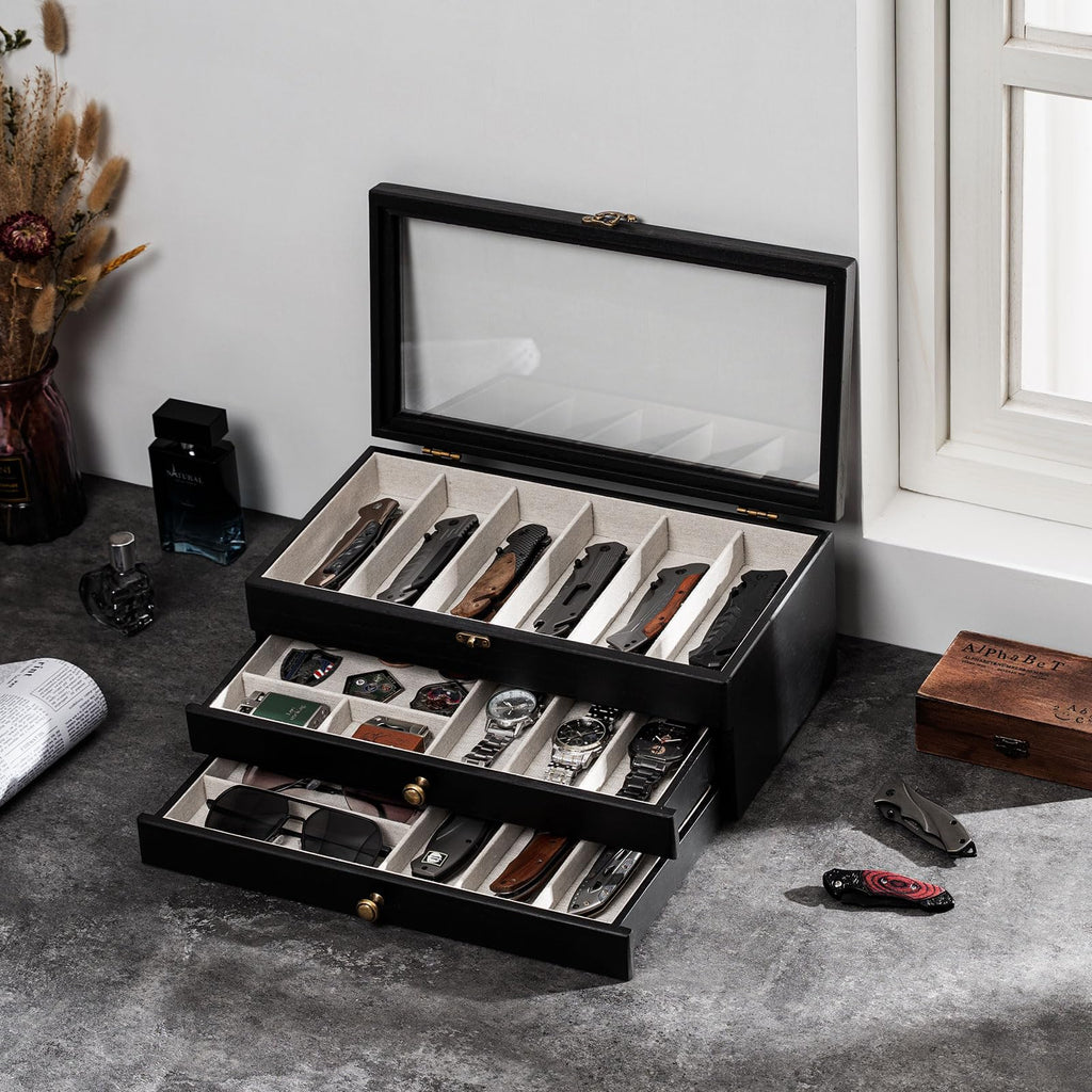 Yoimori Knife Display Case, 3-Layer Pocket Knife Case Display & Storage Knives, Solid Wood Knife Case for Collections, Gift for Boyfriend Fathers Day Birthday Gifts(Black)