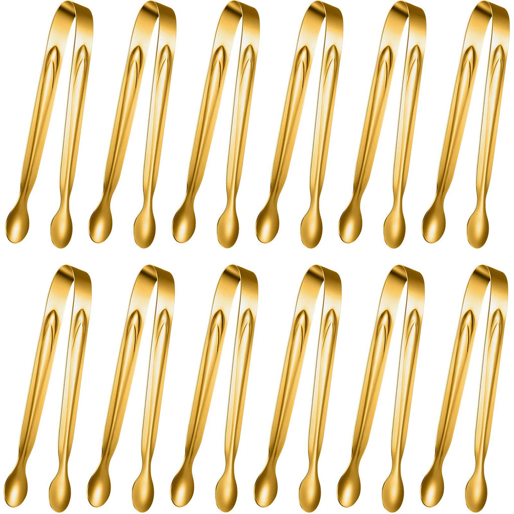 Gejoy 12 Pieces Mini Tongs Stainless Steel Small Sugar Serving Tongs for Charcuterie Board Appetizers Dessert Serving Food Tiny Party Danish Candy(6 Inch,Gold)