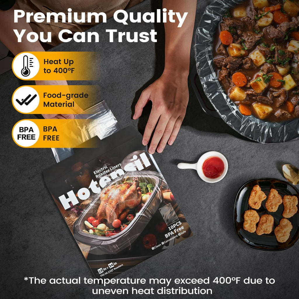 Hotensil Electric Roaster Liners & Slow Cooker Liners, 10 Count 34 x 18 Inch Universal Fit for 16-22 Quart Roasters, Mess-Free Cooking, Disposable Oven Liners for Easy Cleanup, Cooking Bag