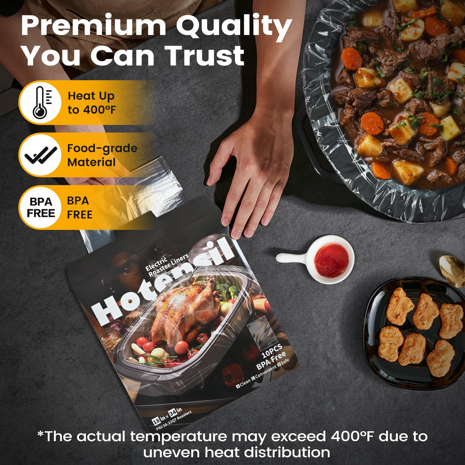 Hotensil Electric Roaster Liners & Slow Cooker Liners, 10 Count 34 x 18 Inch Universal Fit for 16-22 Quart Roasters, Mess-Free Cooking, Disposable Oven Liners for Easy Cleanup, Cooking Bag