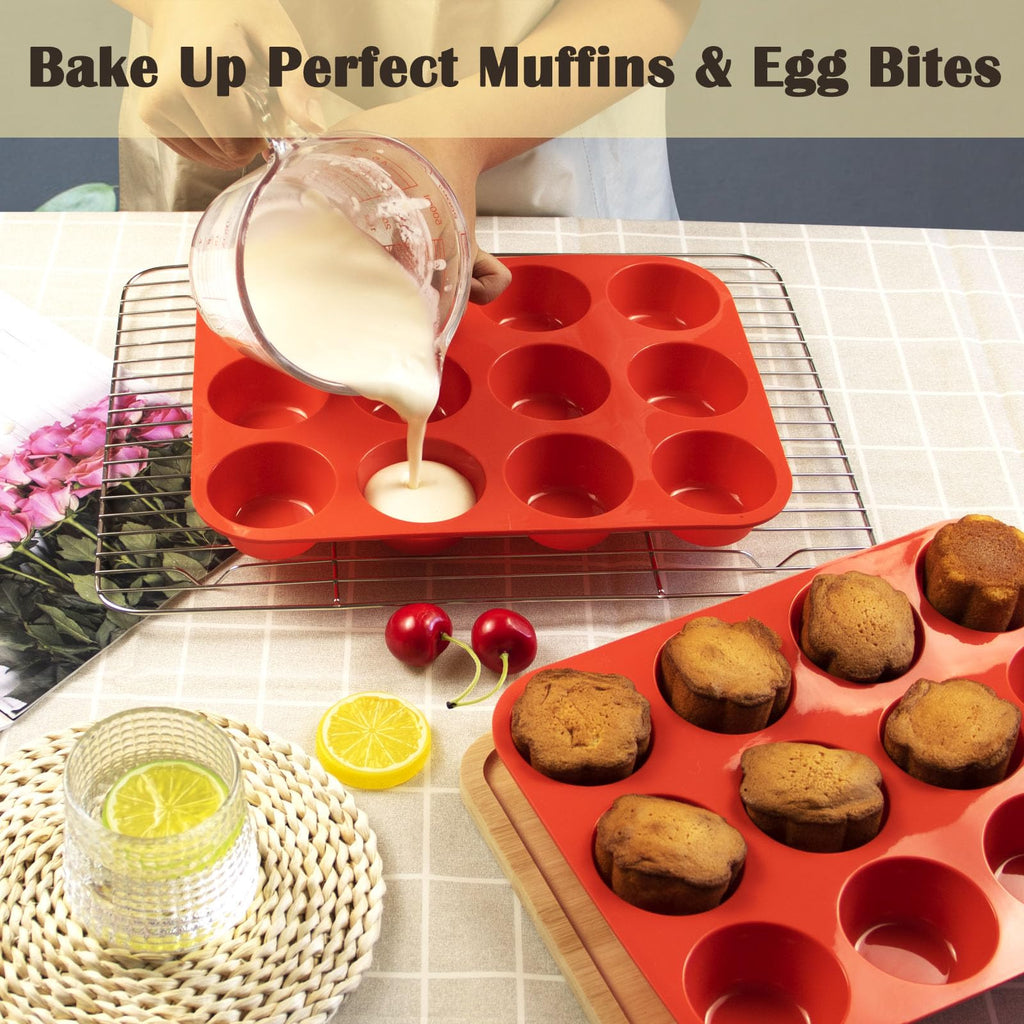 LERIYUFS 12 Cups Silicone Mini Muffin Pan Set, Nonstick Mini Cupcake Pans, BPA Free Small Muffin Tin for Baking, Set of 2 (Red+Red)