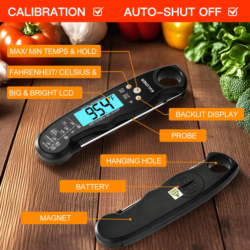 KULUNER Digital Meat Thermometer Instant Read, Waterproof Probe with Backlight & Calibration, Ultra Fast 2-3s Reading, Stainless Steel Kitchen Food Thermometer for Grilling BBQ Cooking Candy - Black