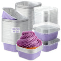 Aoriher 150 Pcs 10 oz Mini Cake Pans with Lids Aluminum Foil Baking Cup Disposable Square 4 x 4 Large Baking Tin, Muffin Pan Cheesecake Kitchen Brownie Pudding Desserts Holder(Taro Purple)