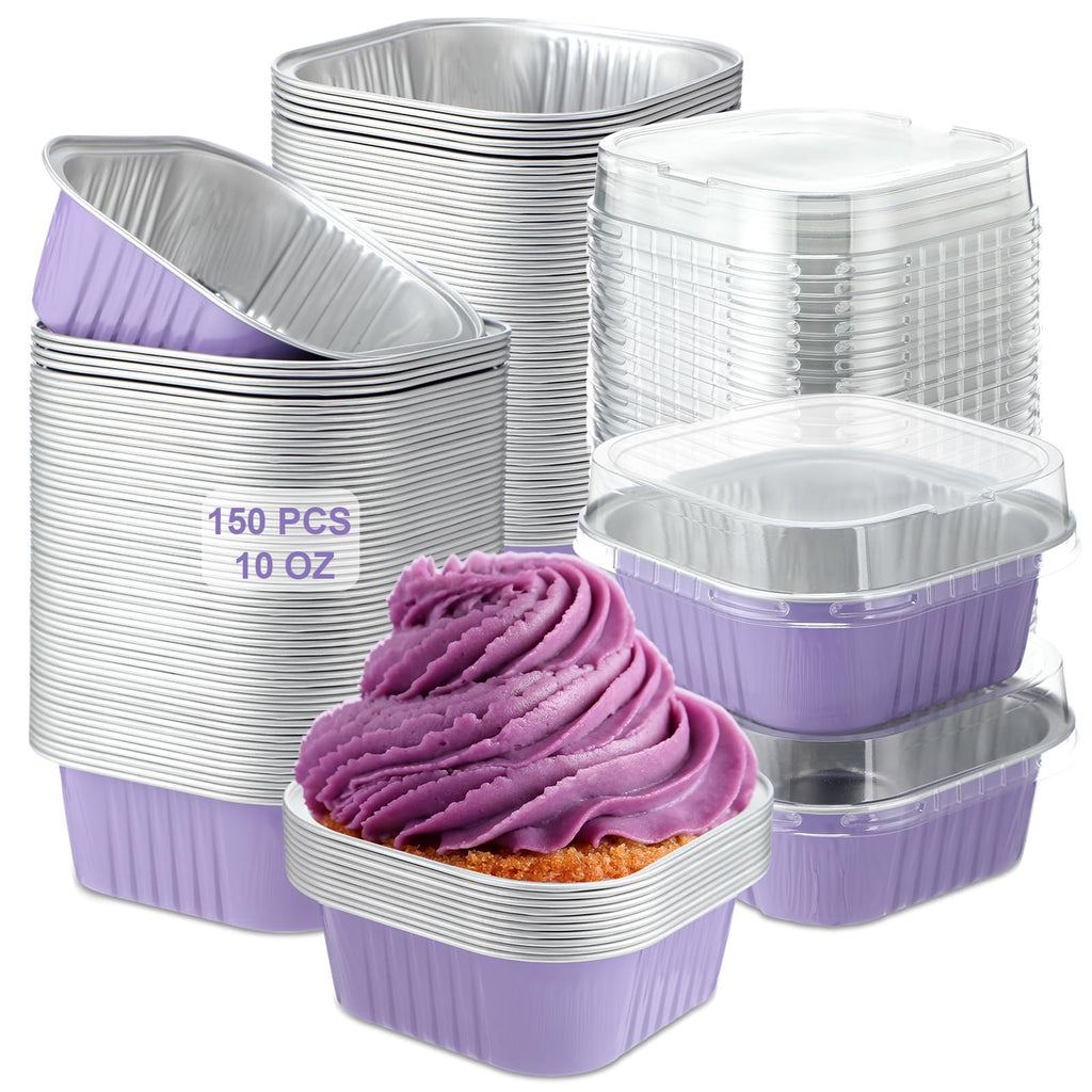 Aoriher 150 Pcs 10 oz Mini Cake Pans with Lids Aluminum Foil Baking Cup Disposable Square 4 x 4 Large Baking Tin, Muffin Pan Cheesecake Kitchen Brownie Pudding Desserts Holder(Taro Purple)