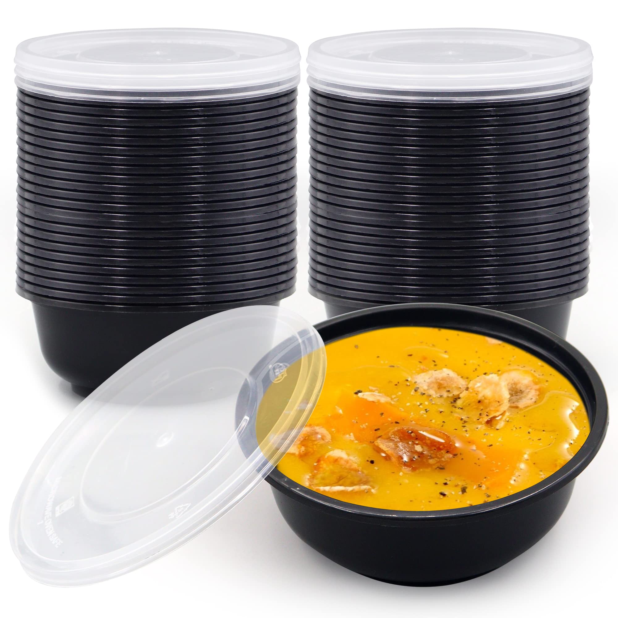 POPMISOLER 150 Pcs Stackable Meal Prep Bowl Containers, Food Takeout Bowls Reusable,Black Disposable Meal Prep Bowls With Lids. (12oz-Black)