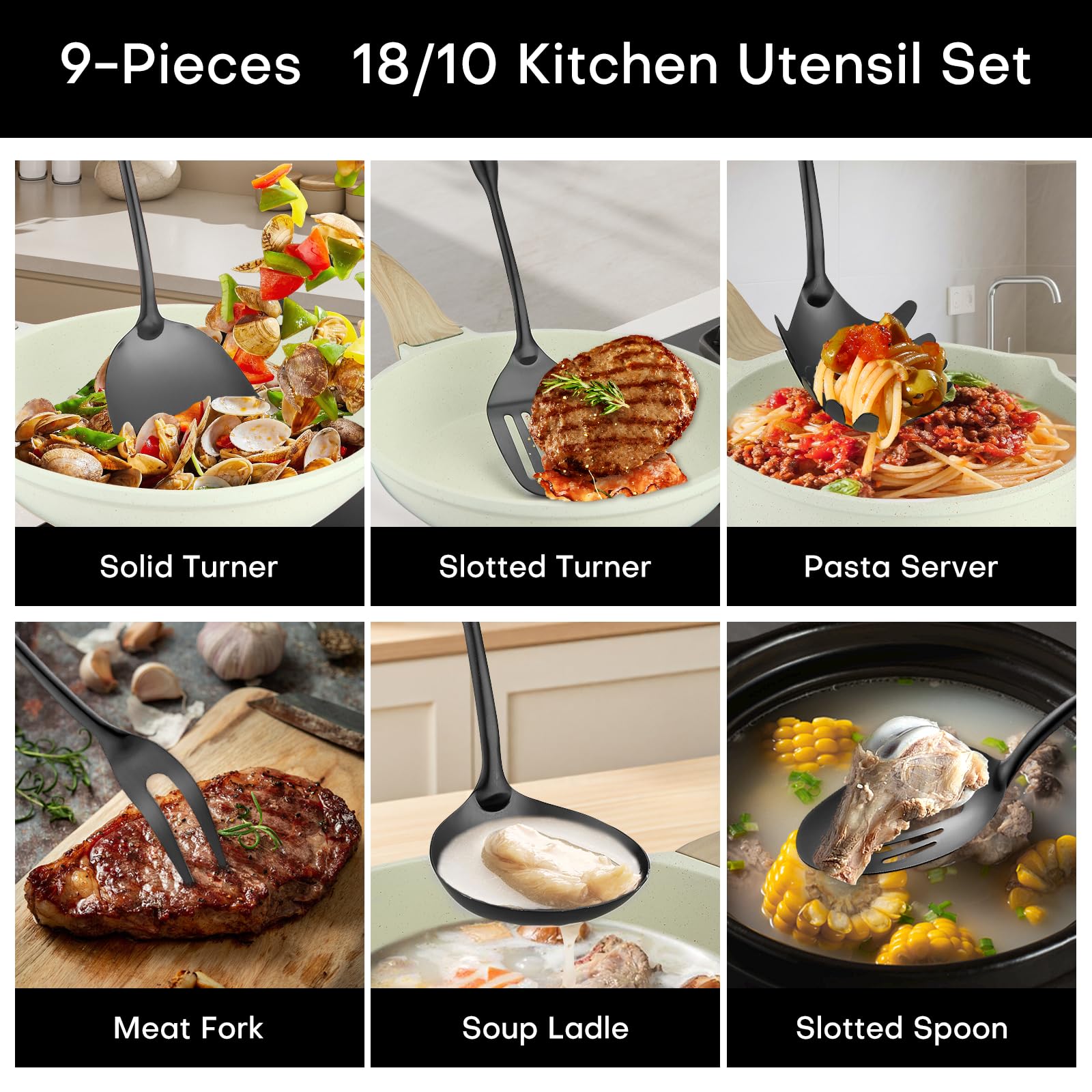 Lazycorner Kitchen Utensil Set 9-Piece Stainless Steel 304 Polished Mirror Finish Cooking Spoons, Slotted Spoon, Turner, Spatula, Pasta Spoon– Dishwasher Safe, Rust-Resistant