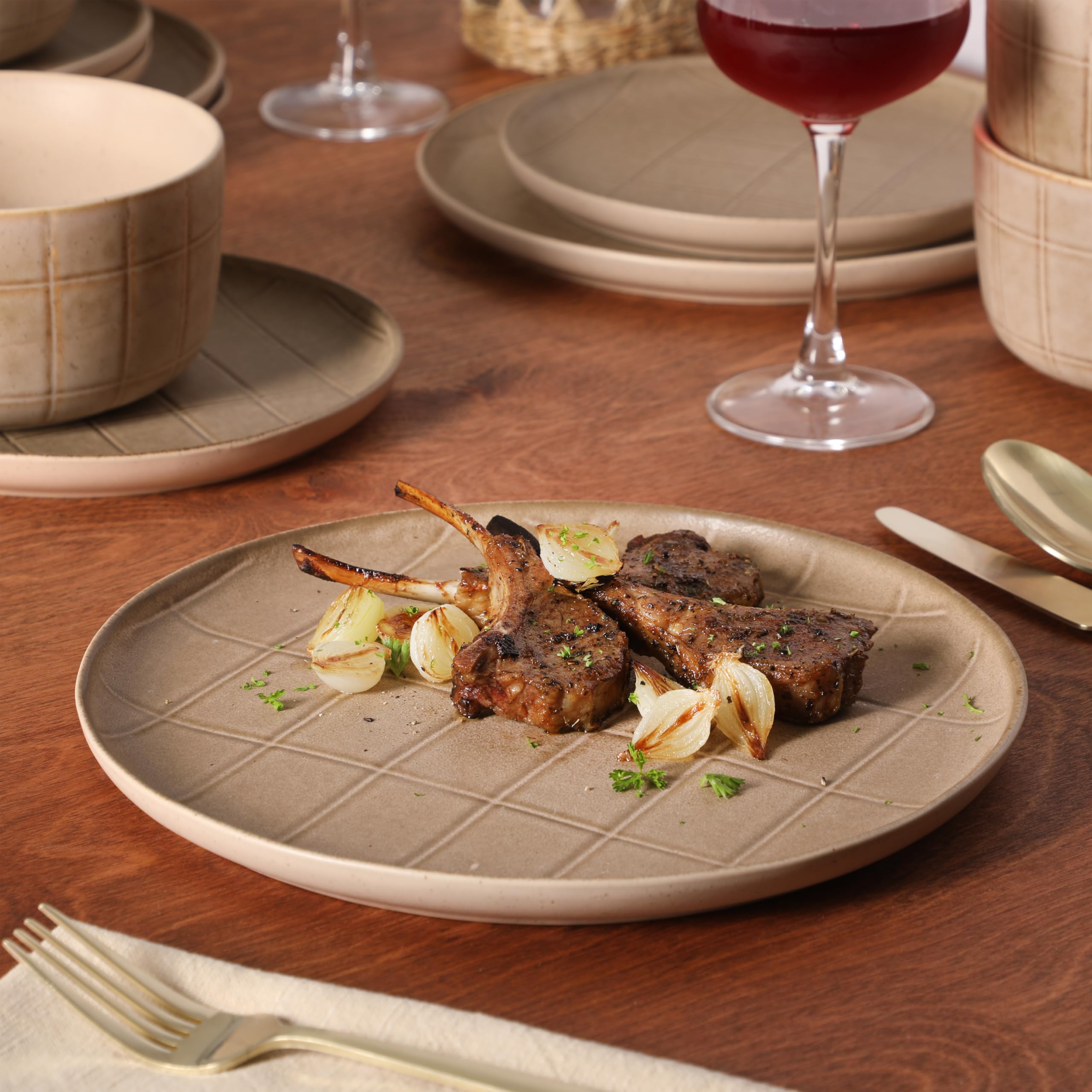 Gisbon Elite Butterwick 12 Piece Plates and Bowls Stoneware Dinnerware Set - Taupe Reactive Glaze Patterned Dishes - Microwave and Dishwasher Safe