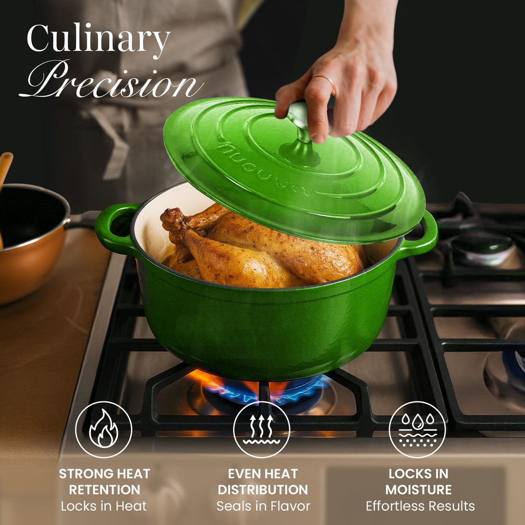Cast Iron Dutch Oven with Lid-Non-Stick Ovenproof Enamelled Casserole Pot - Sturdy Dutch Oven Cookware - Green, 7.3- Quart, 30cm- by Nuovva