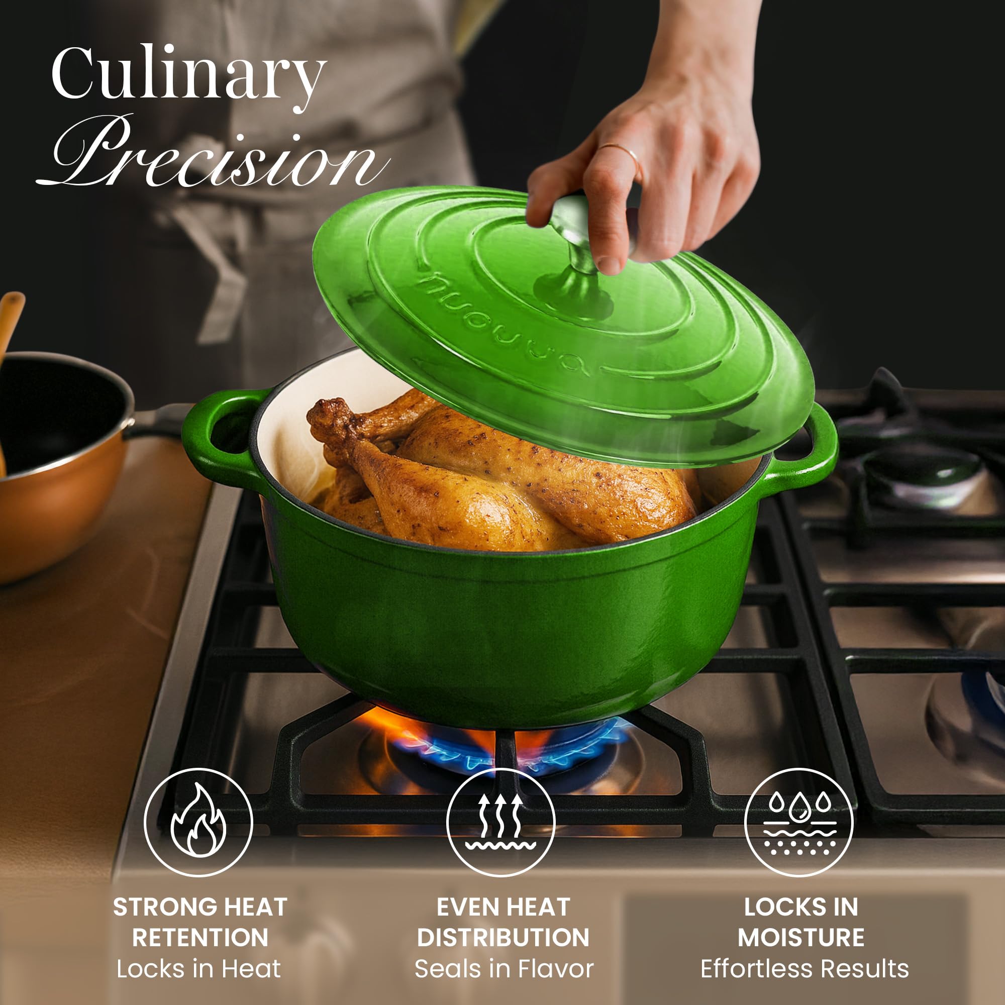 Cast Iron Dutch Oven with Lid-Non-Stick Ovenproof Enamelled Casserole Pot - Sturdy Dutch Oven Cookware - Green, 7.3- Quart, 30cm- by Nuovva