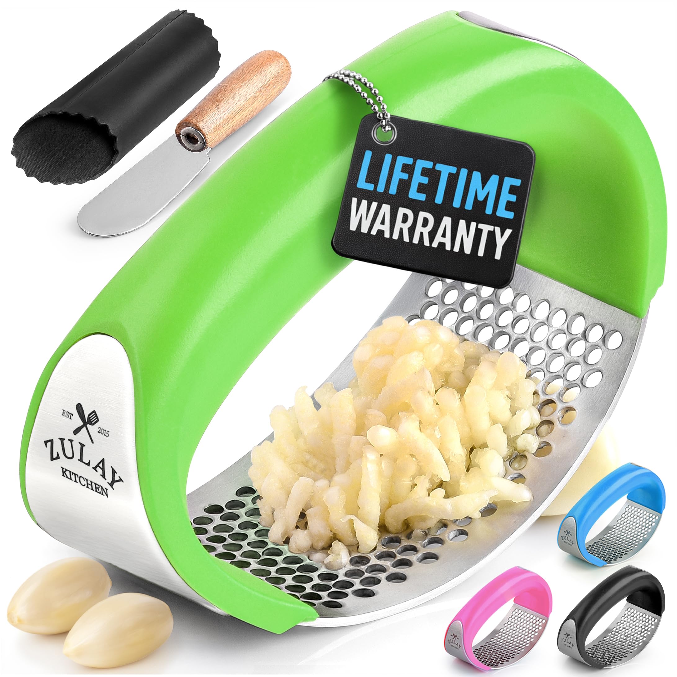 Zulay Kitchen Stainless Steel Garlic Press Rocker Set - Premium Garlic Mincer Garlic Crusher - New Innovative Garlic Crusher with Peeler and Scraper - Comfortable Grip (Green)
