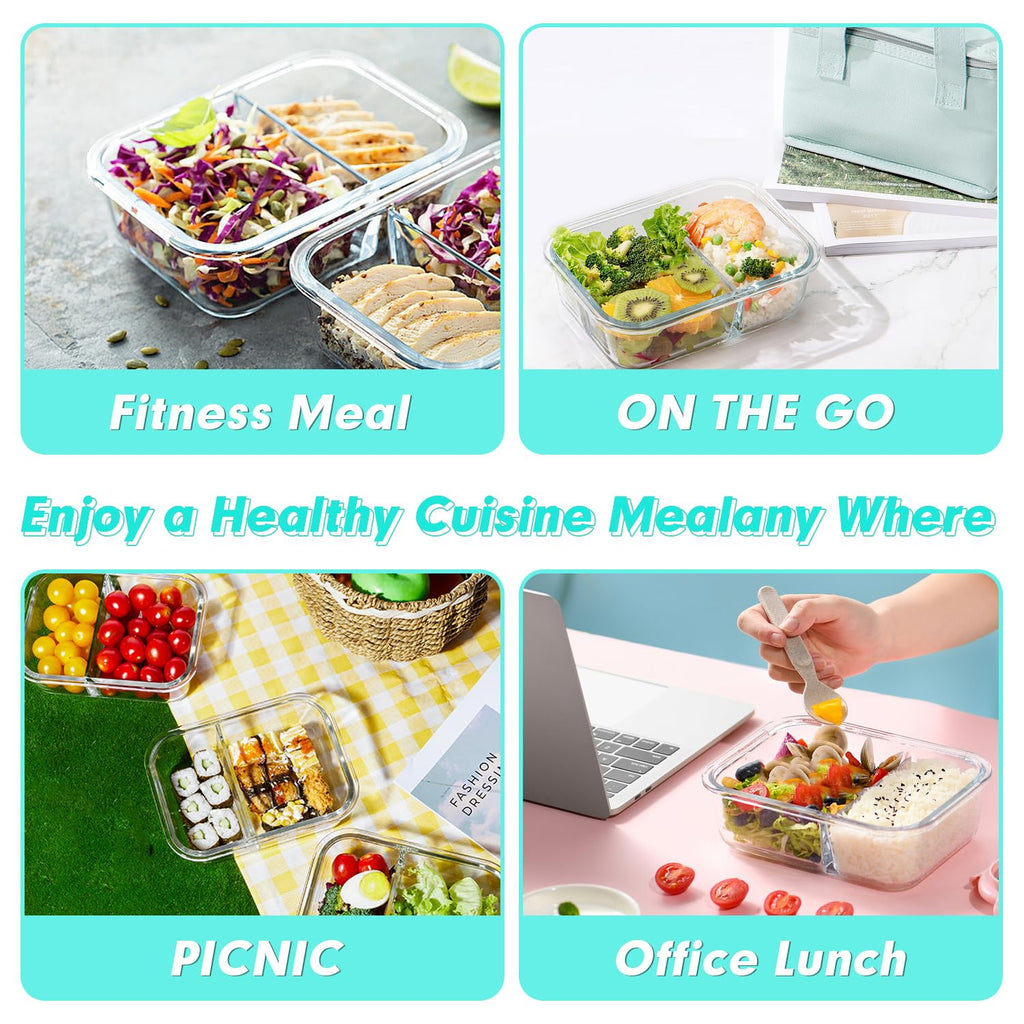 VERONES 10 PACK 30 OZ Glass Meal Prep Containers 2 Compartment Set, Green