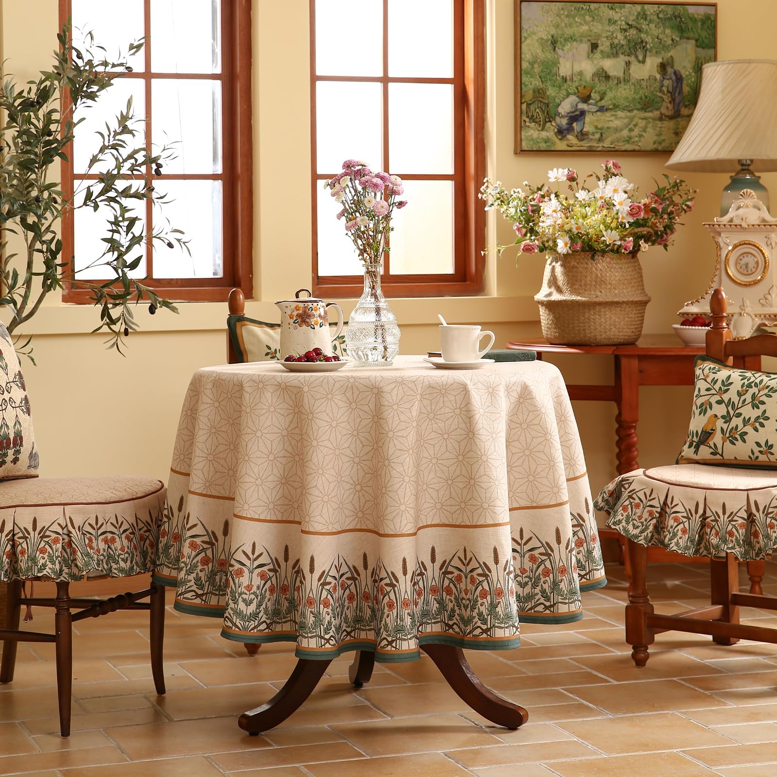 patdrea Vintage French Linen Tablecloth,Round,Diameter 55"-Cudillero