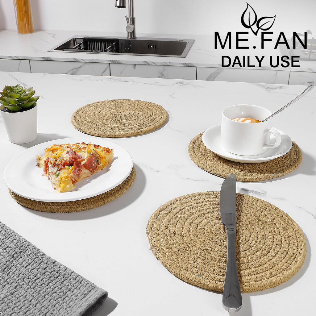 ME.FAN 7 Inch Trivets/Potholders 4 Set Cotton Thread Weave Trivets for Pots and Pans - Large Coasters/Hot Pads to Protect Desktop & Countertop - Brown