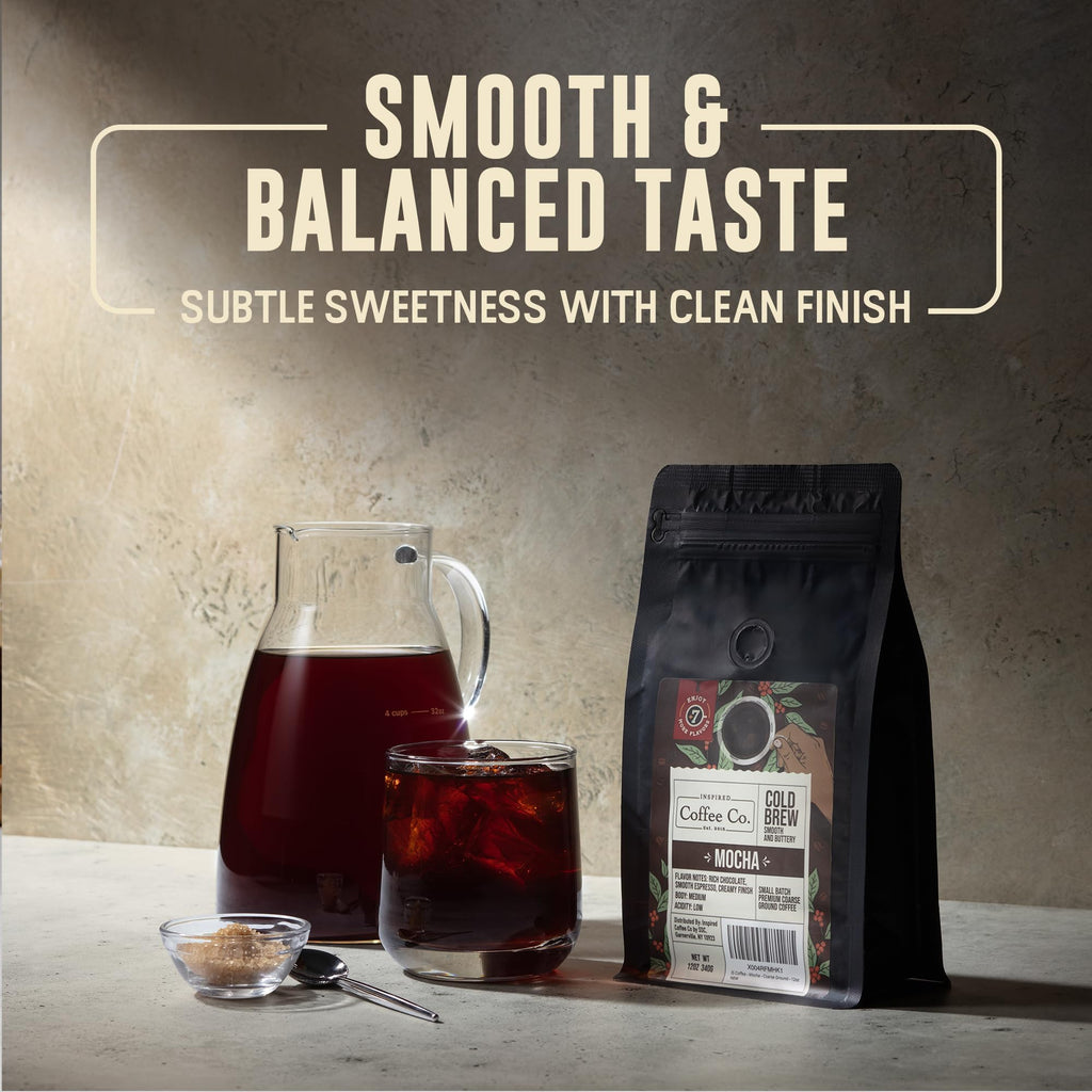 Inspired Coffee Co Cold Brew Coffee - Mocha Flavored - Coarse Ground Beans For Perfect Medium Roast Low Acid Smooth Taste - 100% Arabica Grounds 12 oz. Resealable Bag