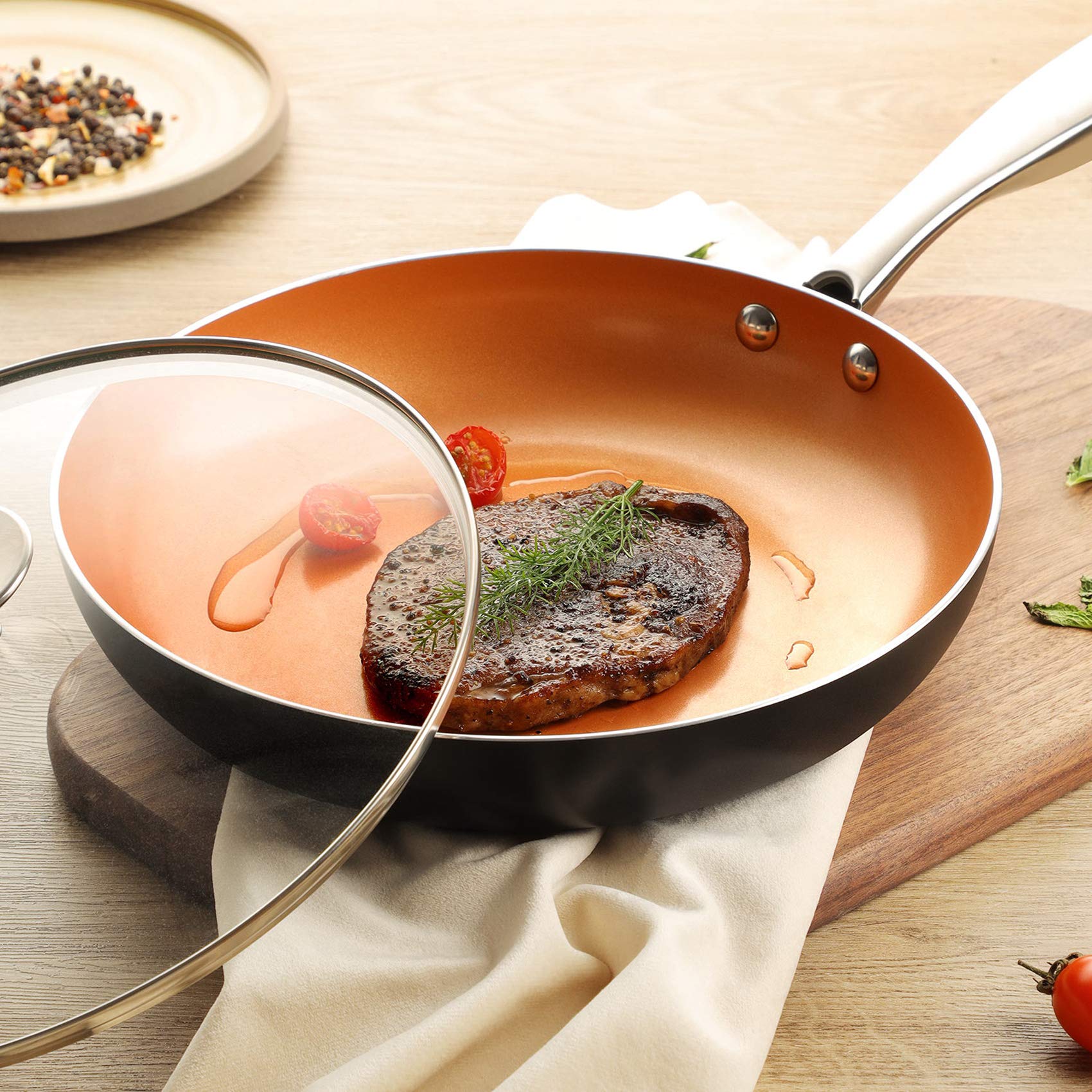 MICHELANGELO 10 Inch Copper Nonstick Frying Pan with Lid, Scratch Resistant Ceramic Coating, Oven and Dishwasher Safe