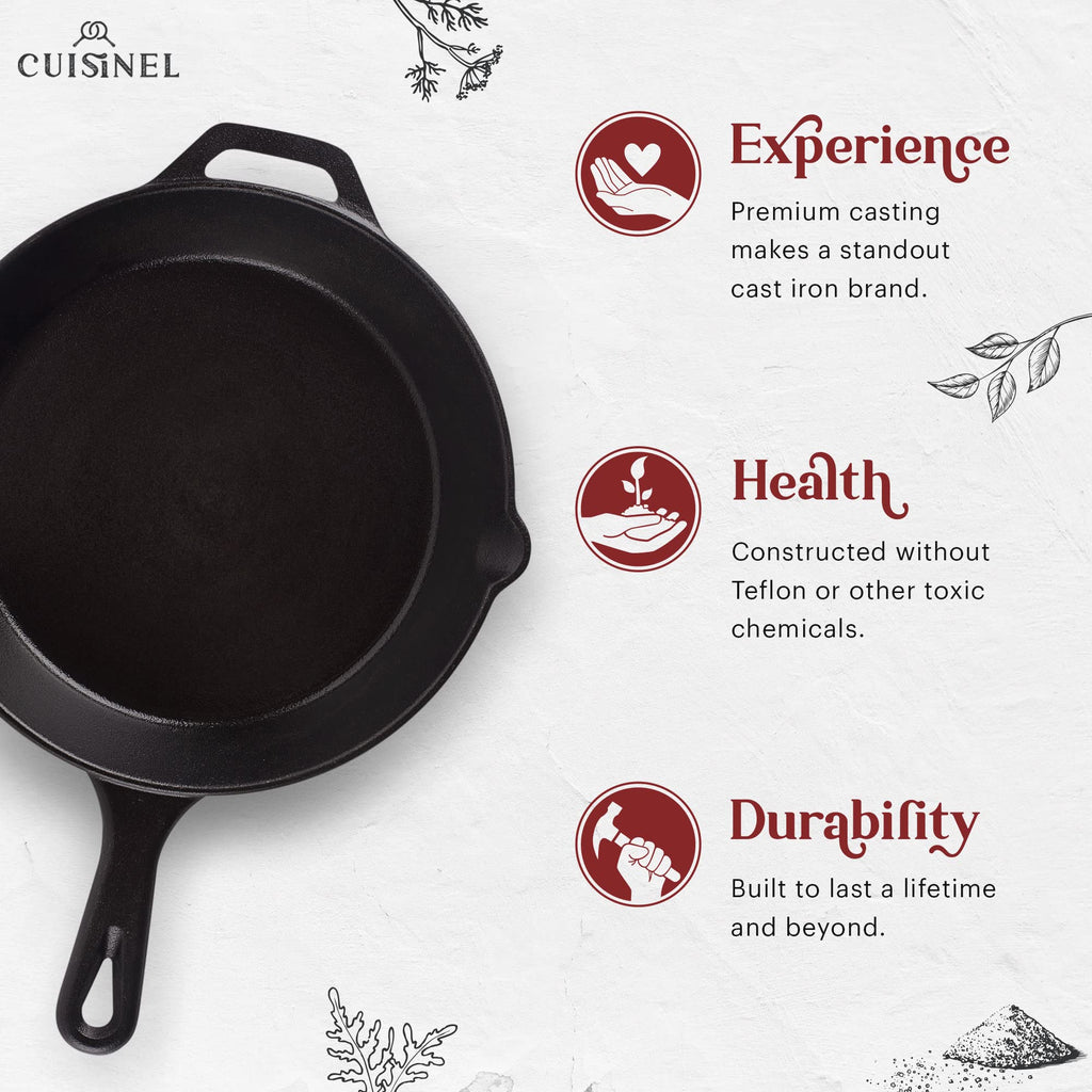 Cuisinel Cast Iron Skillet + Grill Press + Scraper Set - 10"-inch Pre-Seasoned Frying Pan + Silicone Handle Grip - 7" Round Burger Smasher - Indoor/Outdoor, Grill, Kitchen Cookware. PFAS and PFOA-free