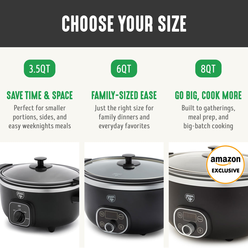GreenLife 8QT Ceramic Nonstick Slow Cooker, Cooktop/Oven Safe, Black