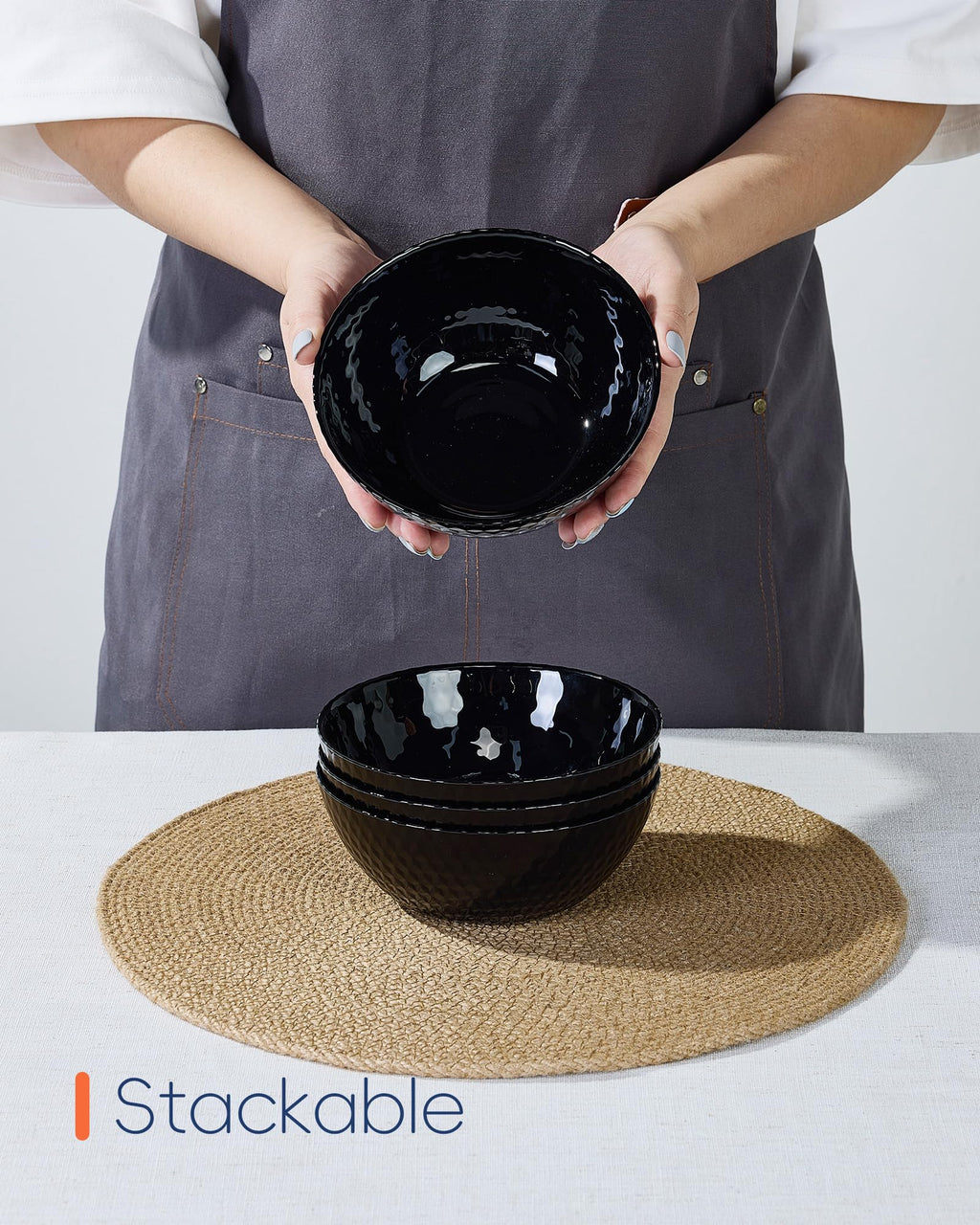 LaGlint 20 OZ Max Black Opal Glass Cereal Bowl Set of 6, 6 Inch