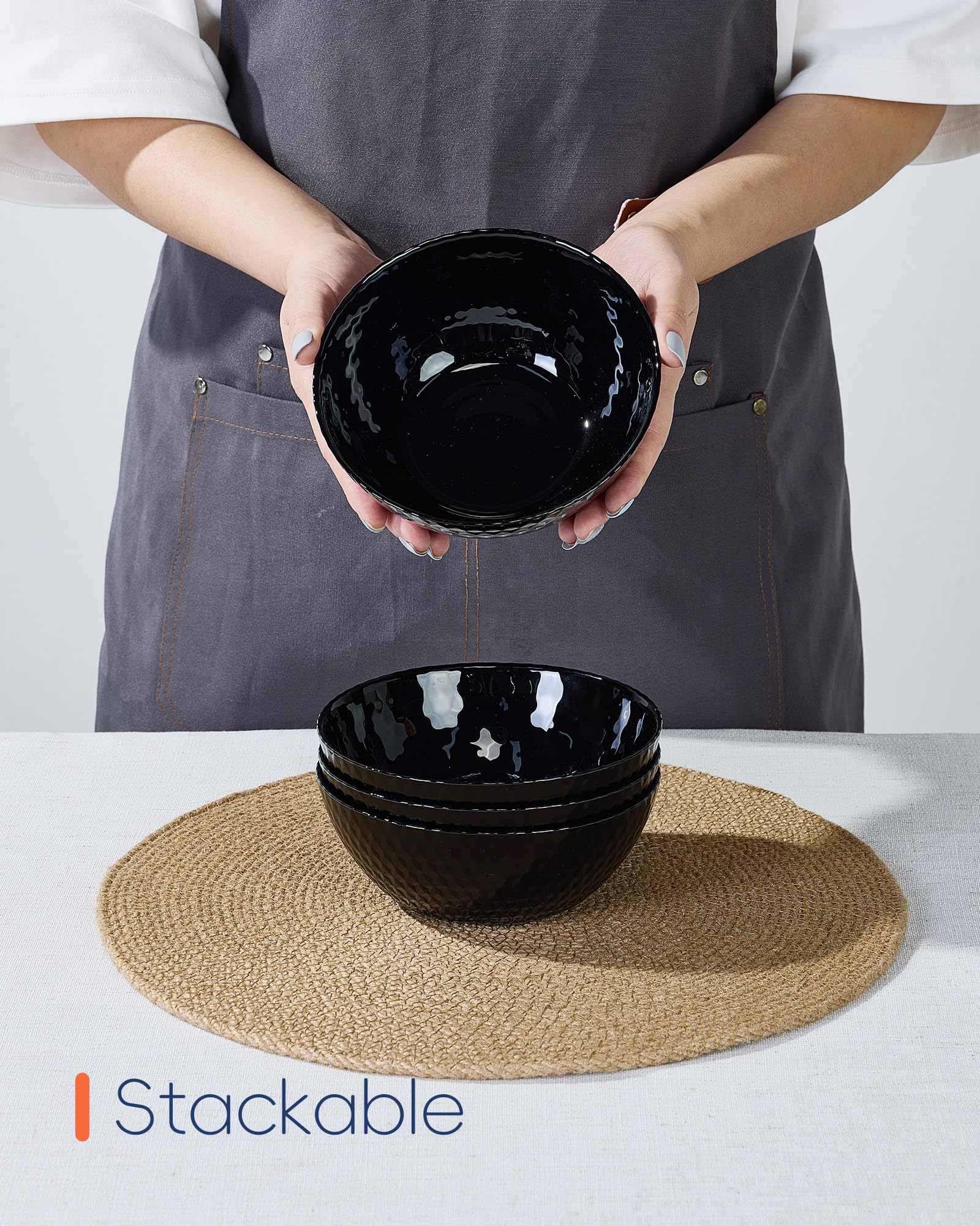 LaGlint 20 OZ Max Black Opal Glass Cereal Bowl Set of 6, 6 Inch