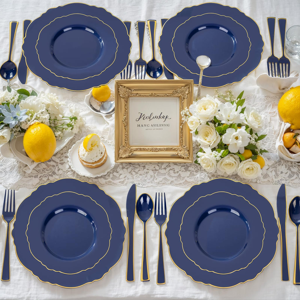 WDF 180PCS Blue Plastic Silverware -Blue and Gold Plastic Cutlery 60 Forks, 60 Knives, 60 Spoons - Heavy Duty Disposable Silverware for Party/Wedding/Birthday